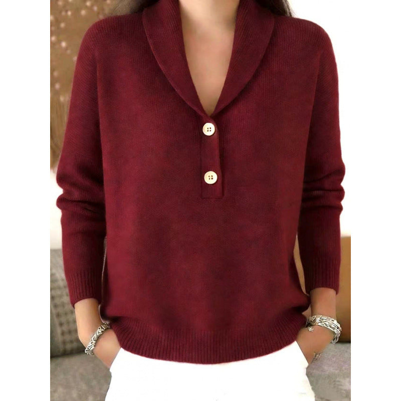 Women's Button Solid Color Collar Casual Fashion Sweater