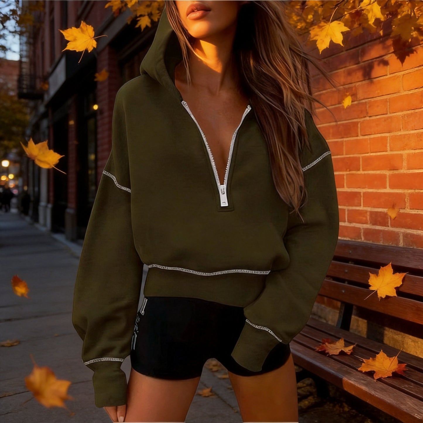 Women's Half Zipper Ladies Hooded Long-sleeved Fashion Sweaters