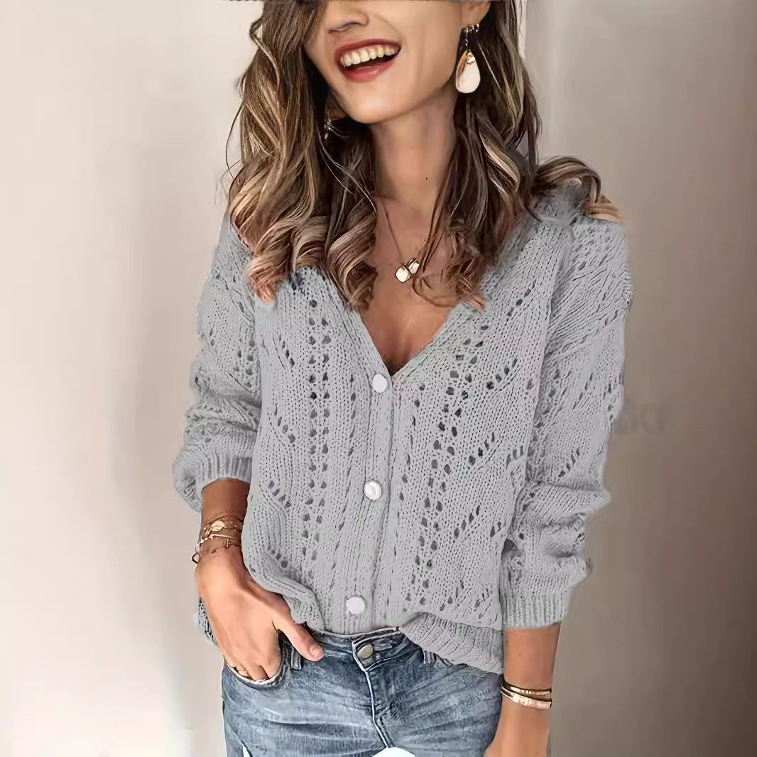 Women's Elegant Knitted Hollow Crocheted Versatile Solid Sweater