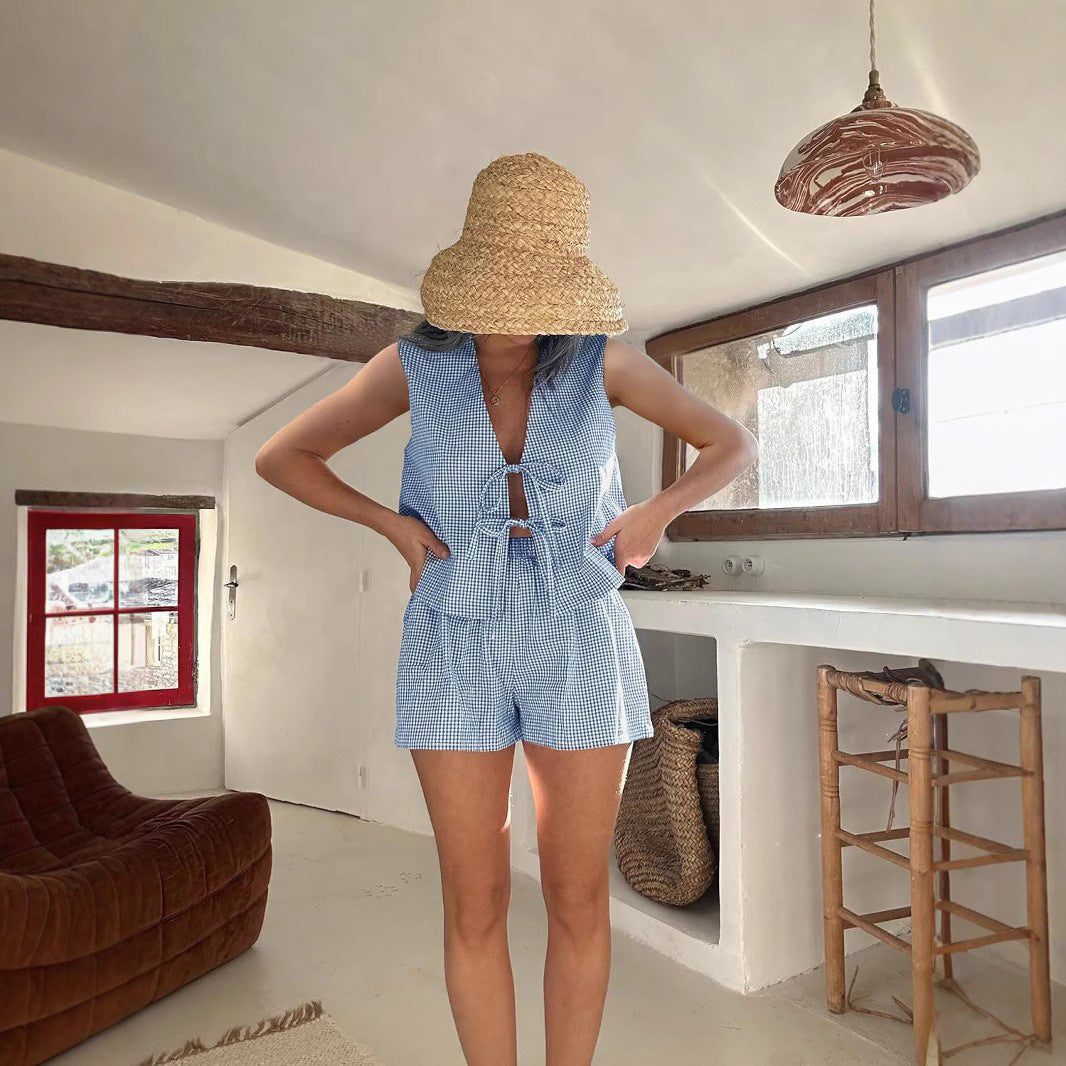 Women's Summer Vacation Style Plaid Drawstring Two-piece Fashion Casual Suit