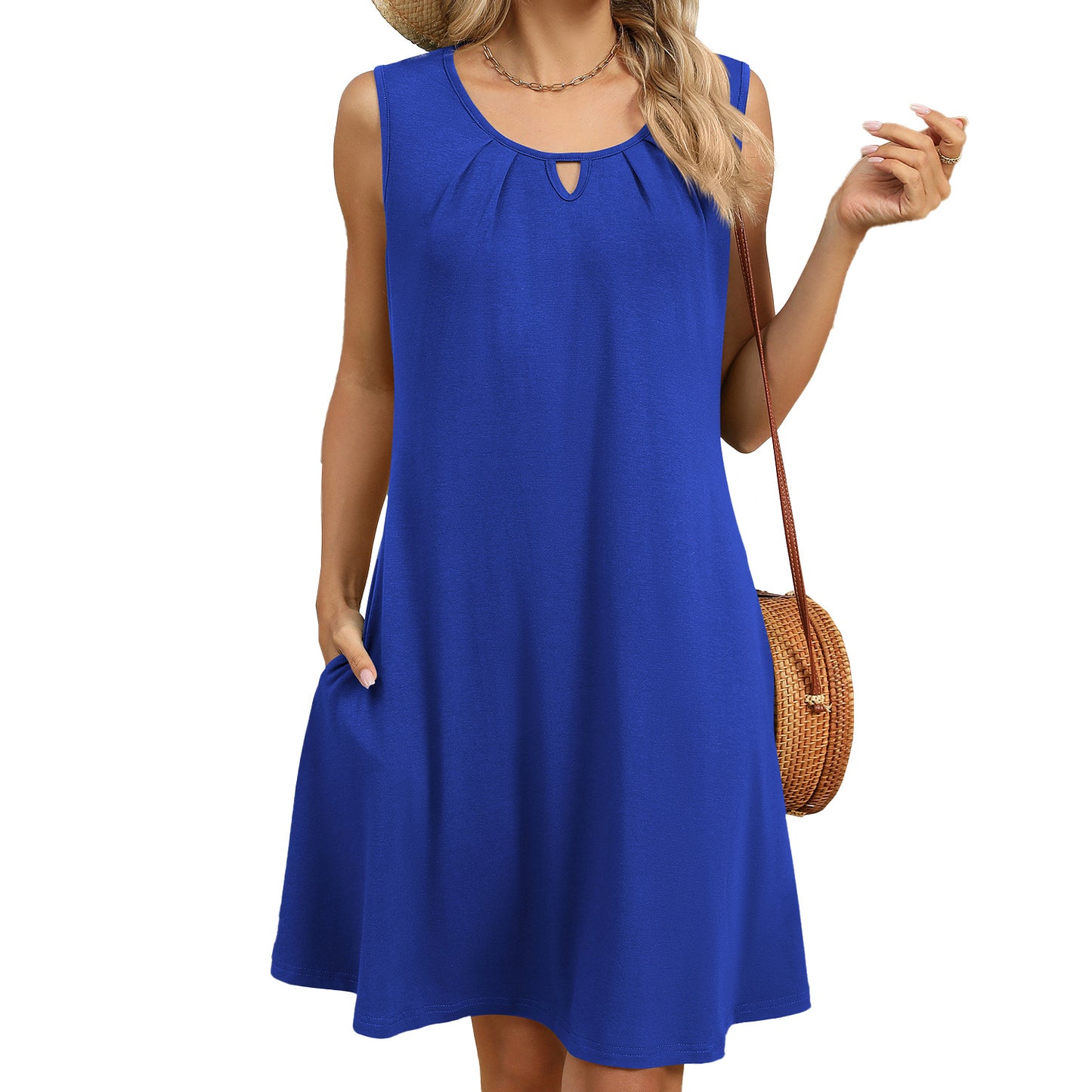 Solid Color Round Neck Hollow Pleated Sleeveless Dress
