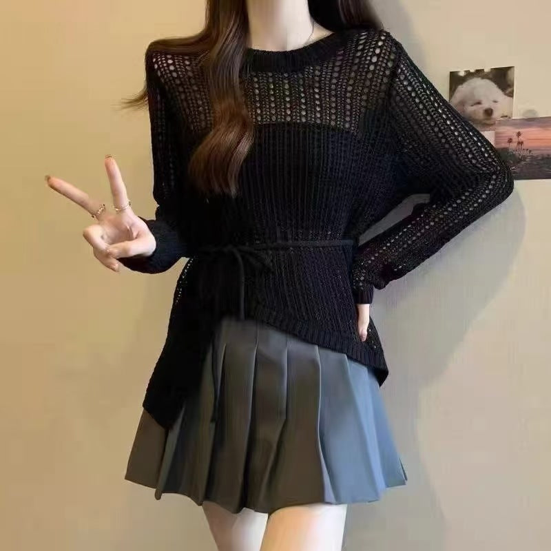 Women's Thin Comfortable Draping Air Conditioning Outerwear Cover-up Round Neck Irregular Sweaters