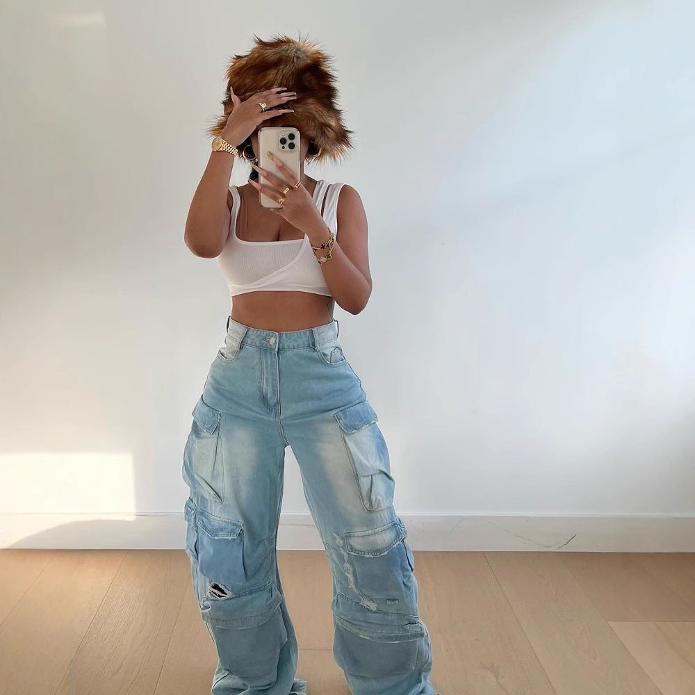 Women's Fashion Street Cut White Straight Loose Jeans