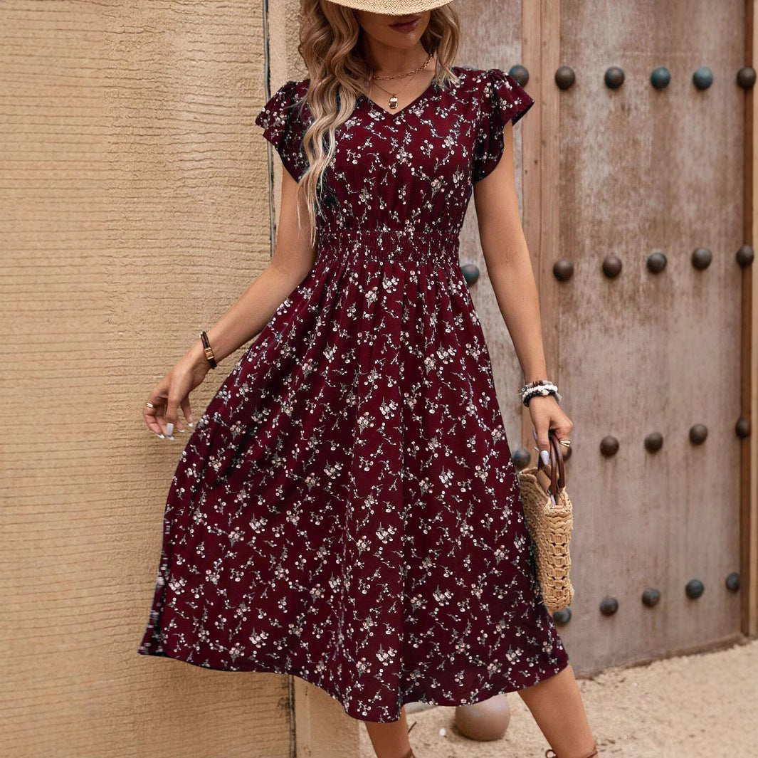 Bohemian Style Floral Print Smocking Waist Sleeve Dress