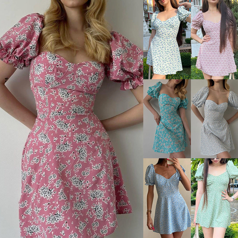 Women's Vintage Floral High Waist Puff Sleeve Dress