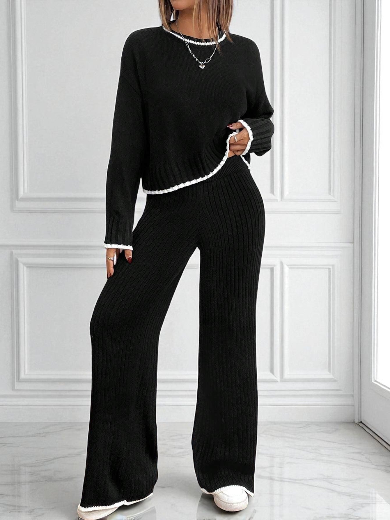 Women's Fashion Long Sleeve Knitted High Waist Wide Leg Suits