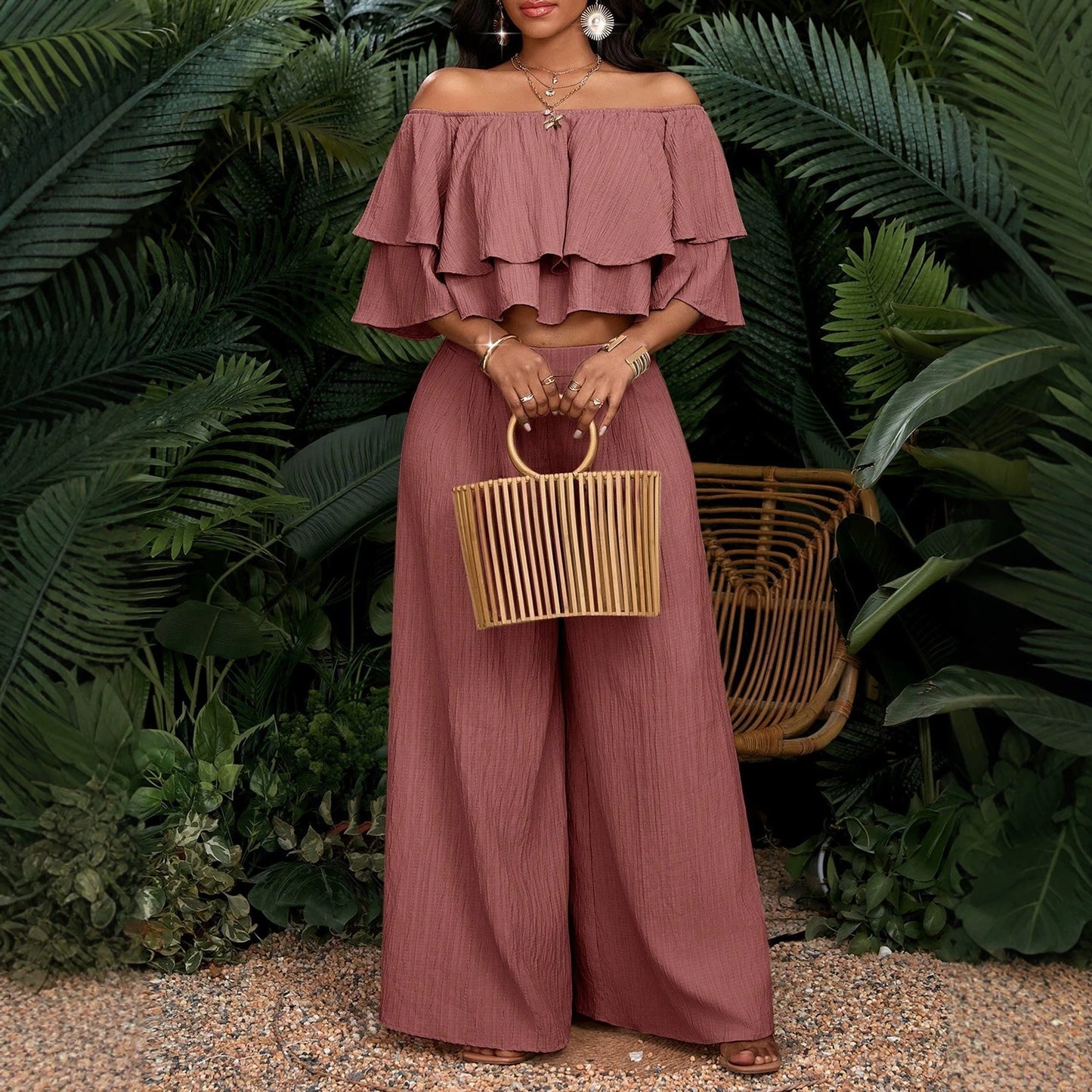 Ruffled High Waist Wide Leg Two-piece Shorts