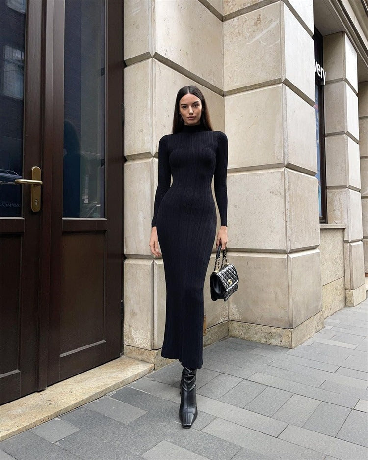 Women's Knitted Turtleneck Sleeveless Tight Midi Elegant Skirts