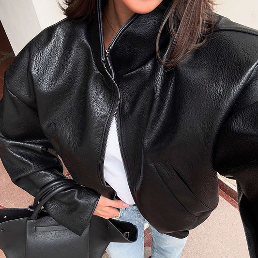 Women's High-grade Black Leather Design Sense Graceful Jackets