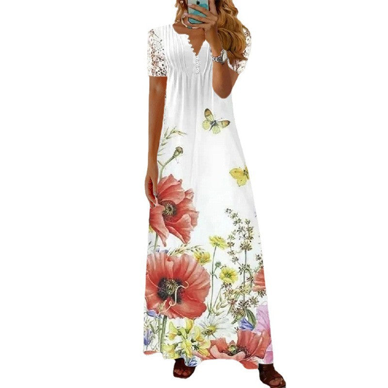 Creative Women's Fashion Short-sleeved Printed Lace Dress