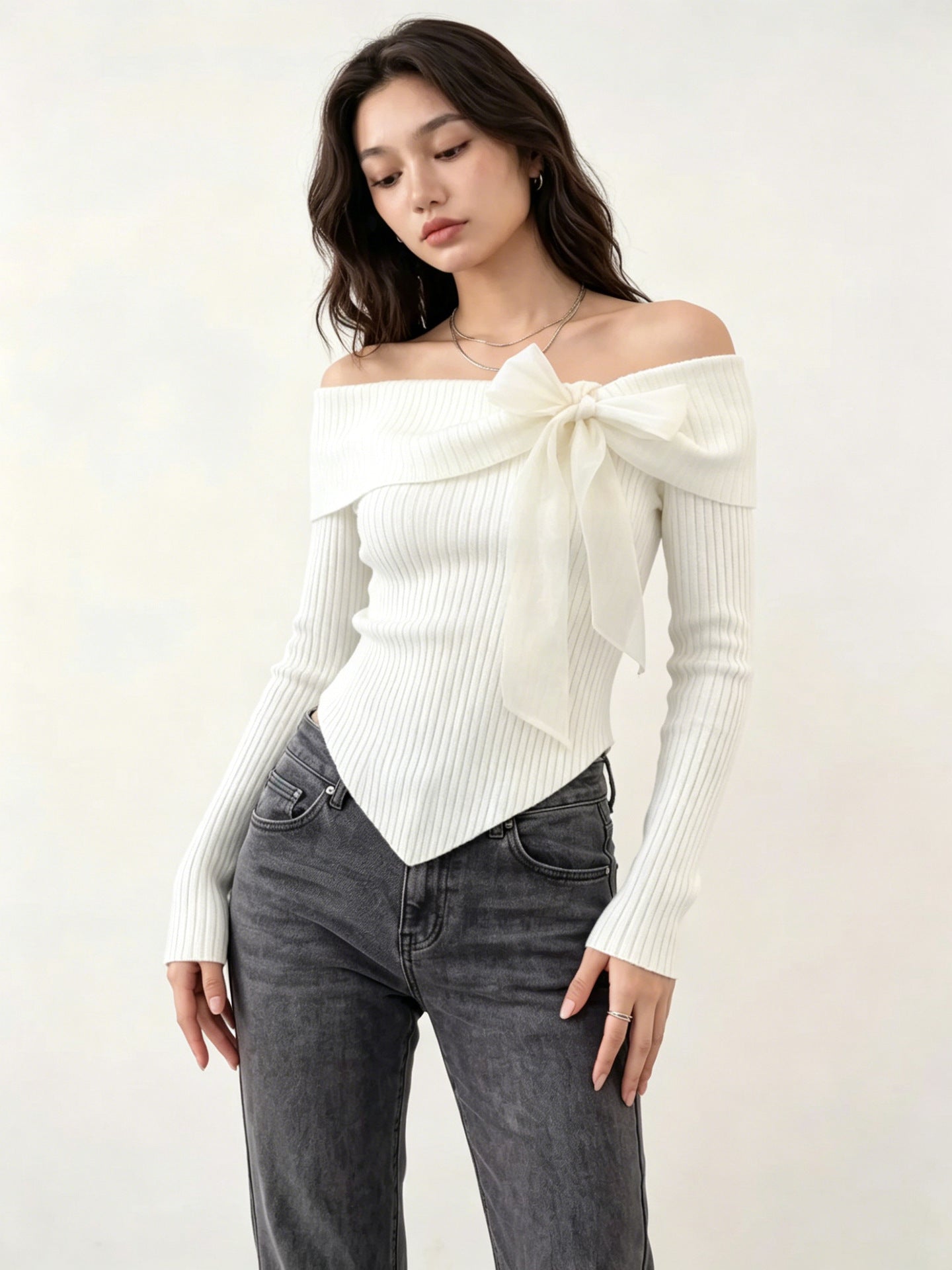 French Sunken Stripe Knit With Bow Tops