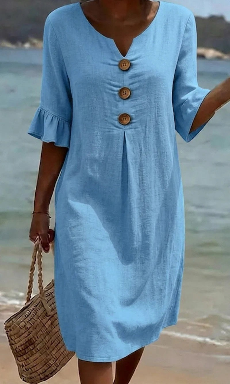 Women's Cotton Linen Large Buttons Ruffle Sleeve Dress