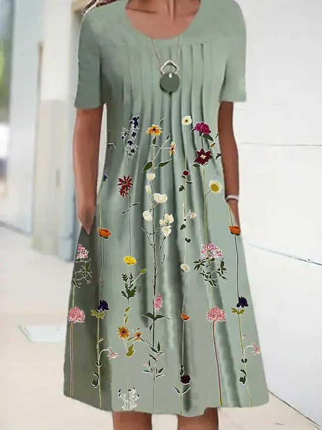 Women's Floral Print Round Neck Pullover Mid-length Dresses