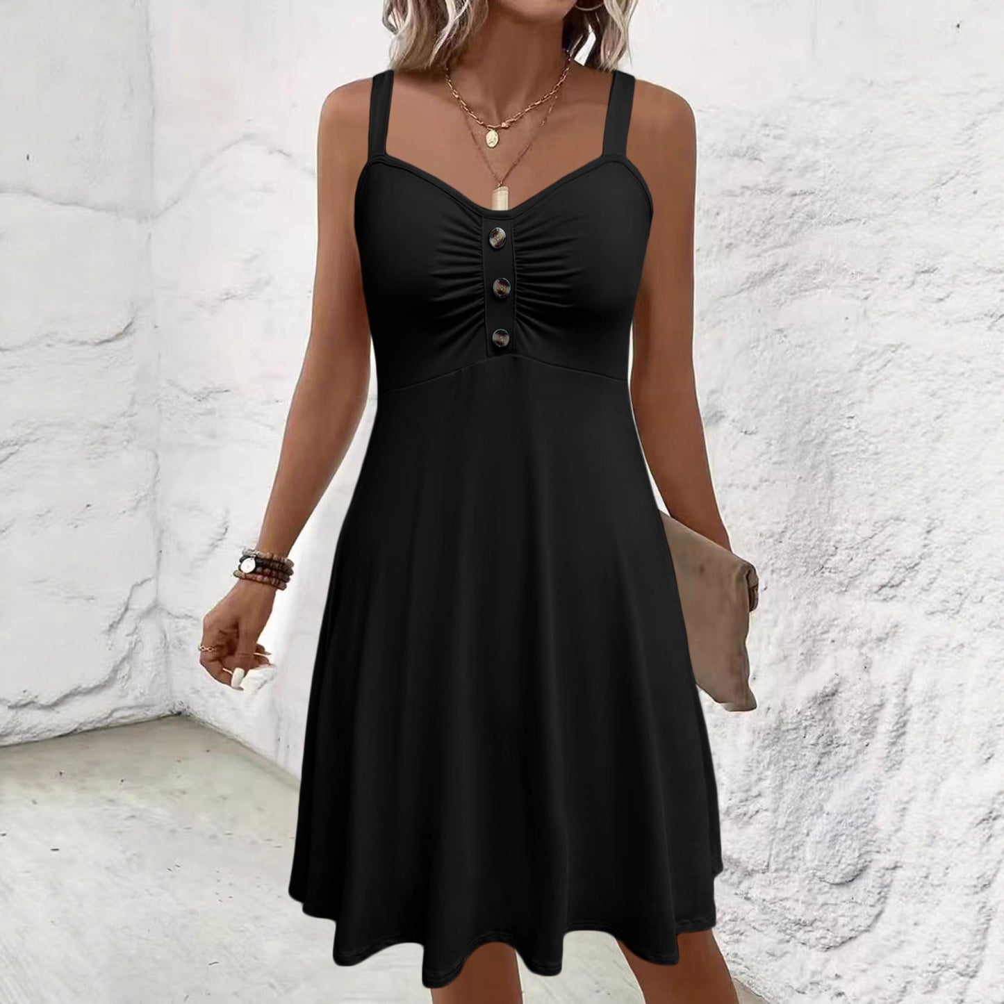 Knee-length Soft Loose Strap With Pockets Dress