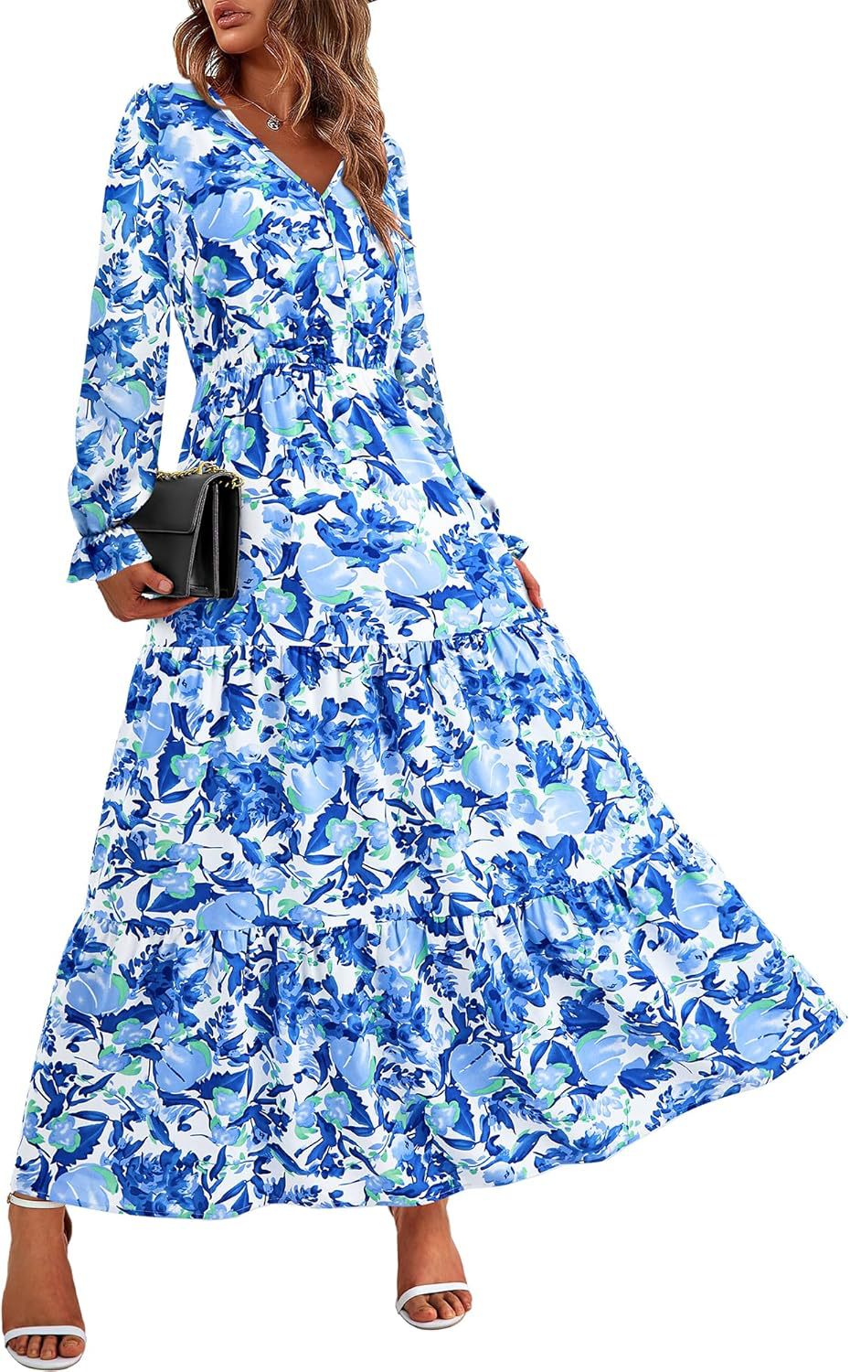 Women's Collar Elastic Waist Printed Casual Long Dresses
