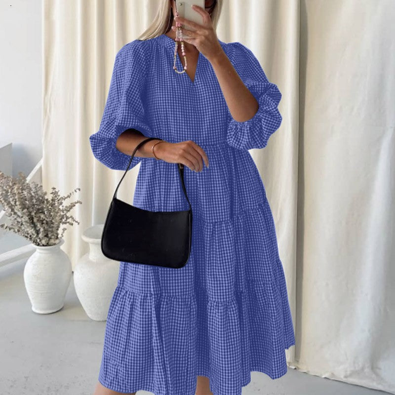 Women's Autumn Long Sleeve Plaid Stand Collar Dress