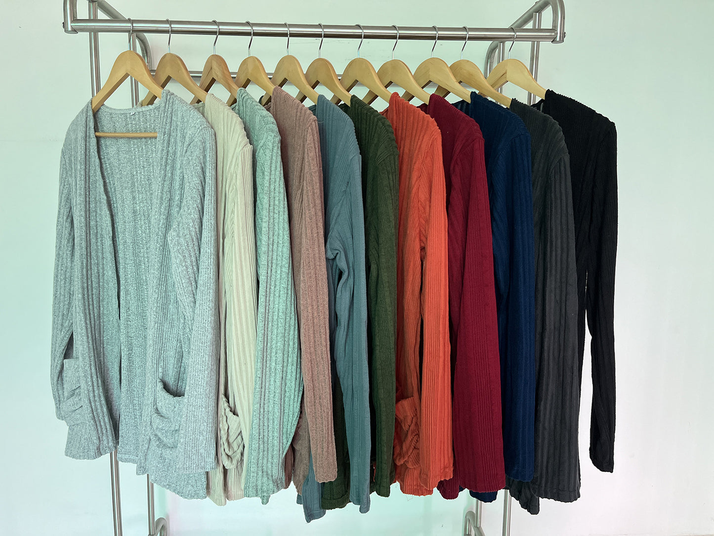Women's Color Rib Fabric Brushed Pocket Long Cardigans
