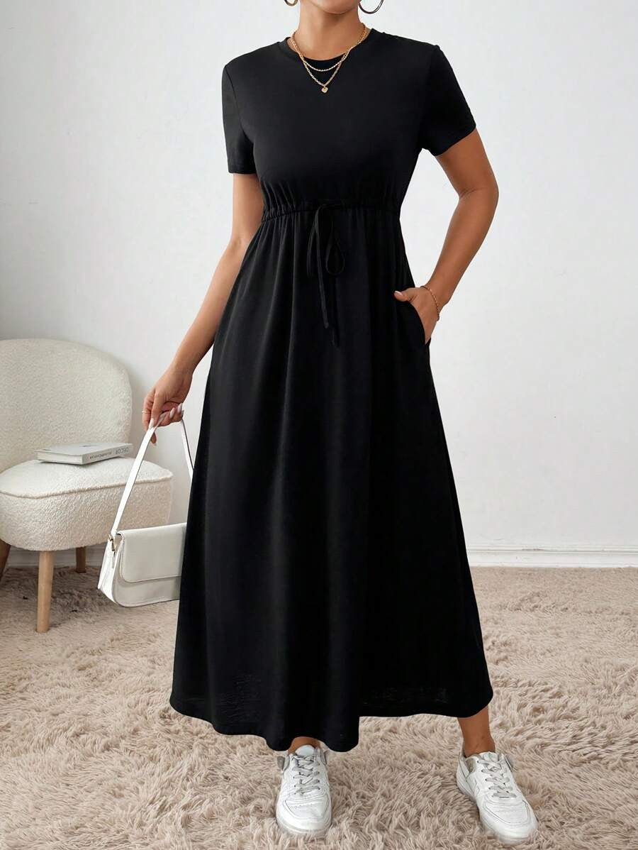 Women's Neck Solid Color Sleeve Drawstring Waist Shorts
