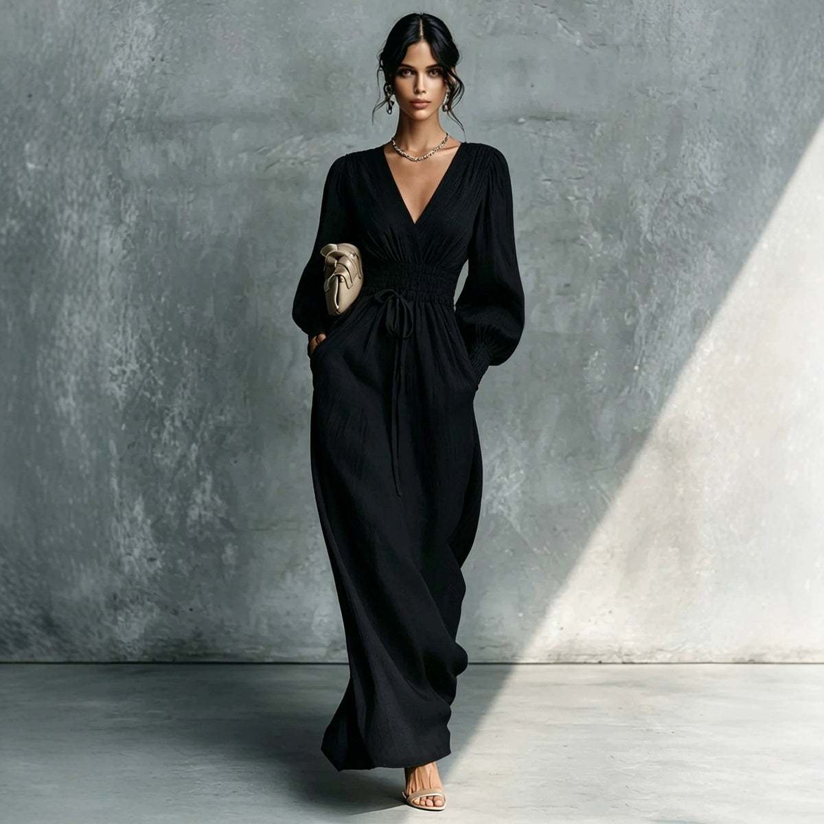 Women's Elegant Waist Long-sleeved Slimming French A- Line Dress