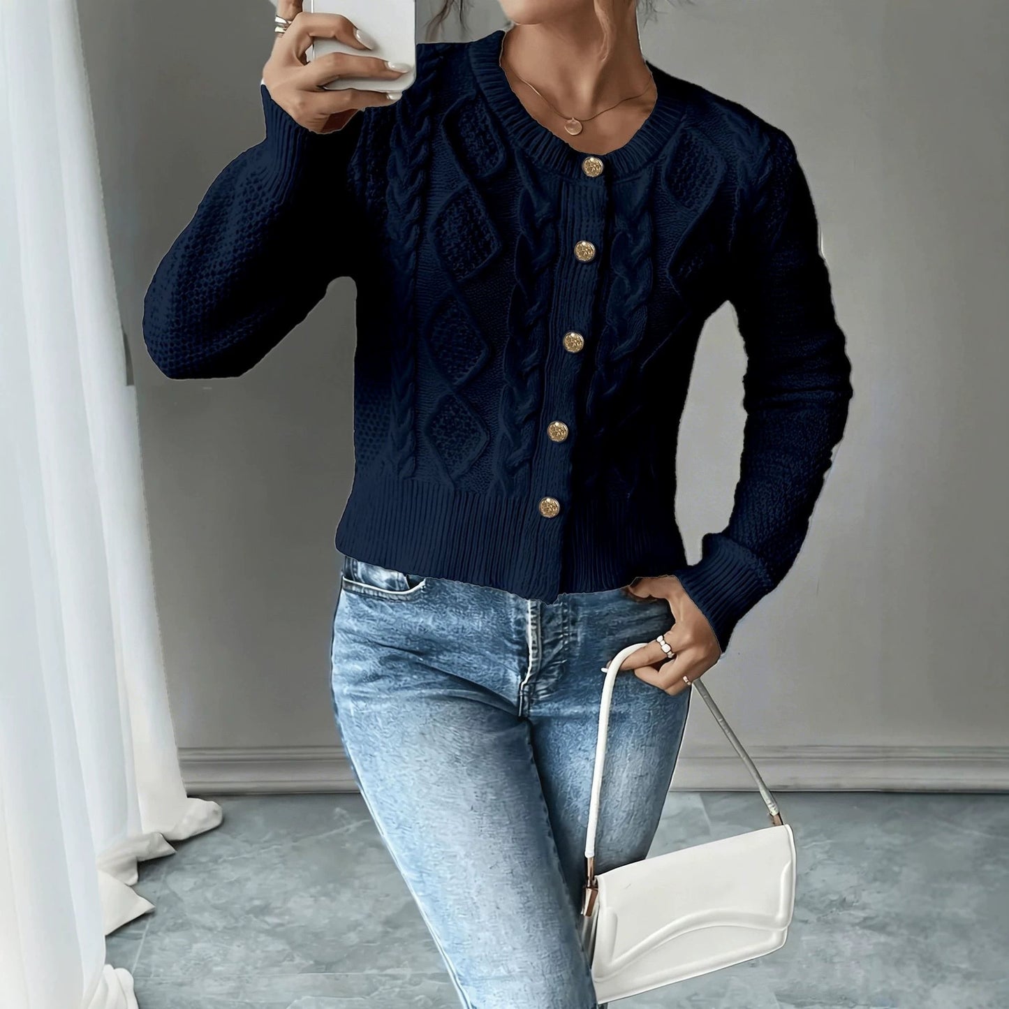 Women's Fashion Wear Slimming Single-breasted Knitted Long-sleeved Sweaters