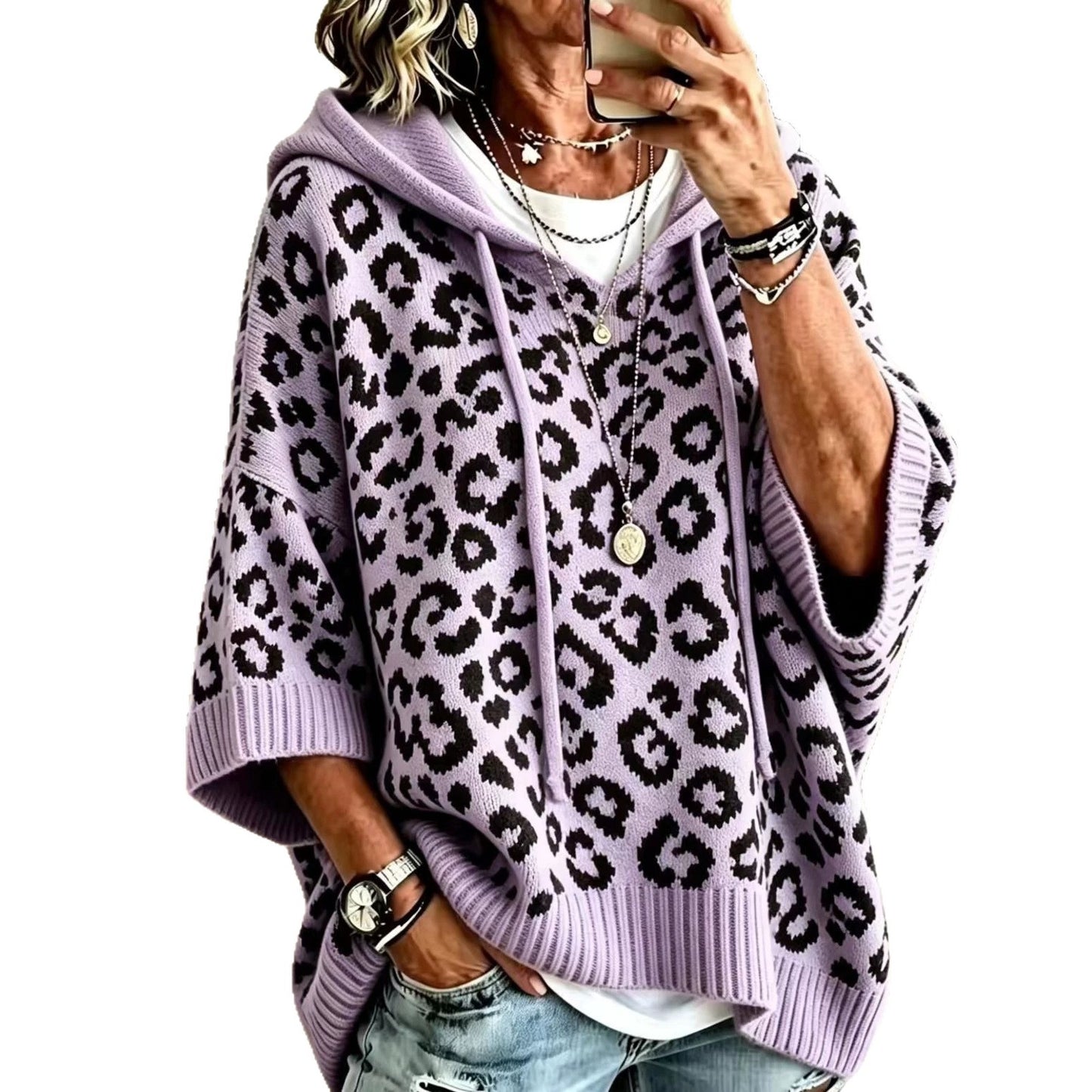 Leopard Print Hooded Drawstring Knitted Pullover Hoodie Sweater