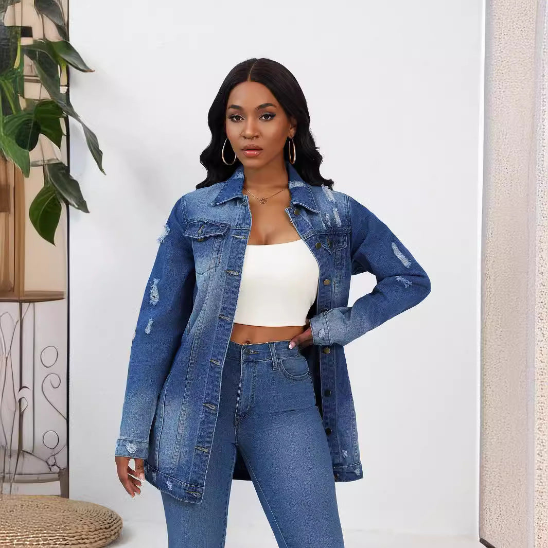 Women's Graceful Slouchy Long-sleeved Ripped Denim Jackets