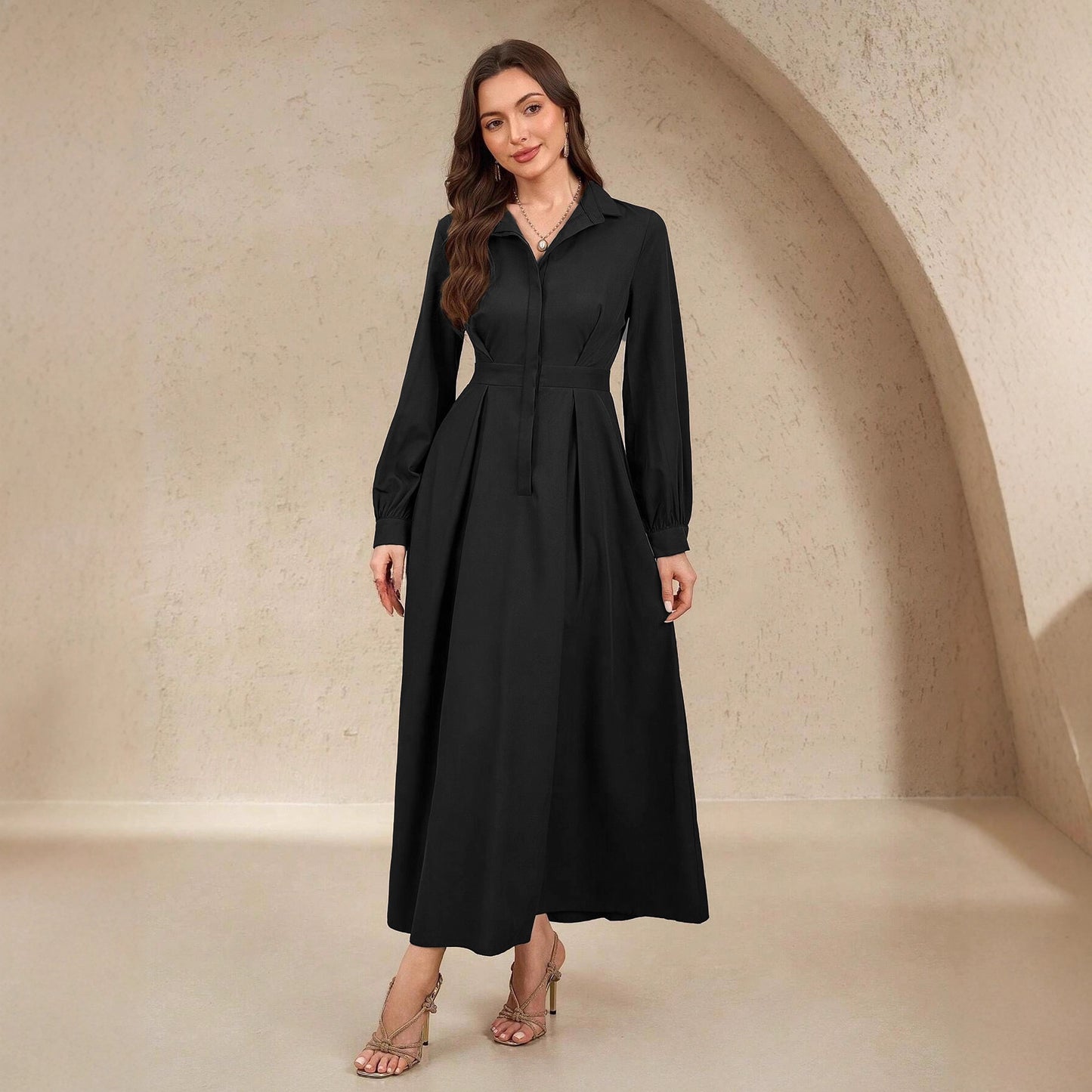 Women's Collar Slimming Solid Color A- Line Dress