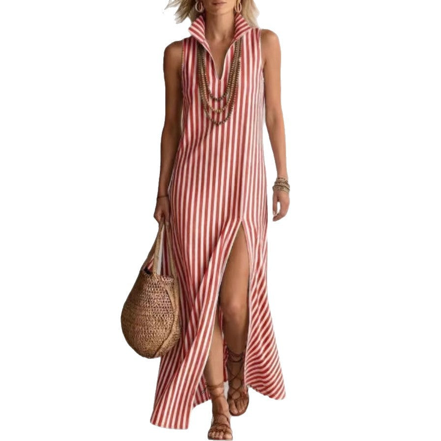 Women's Fashion Striped Stand Collar Sleeveless Split Cotton Dress