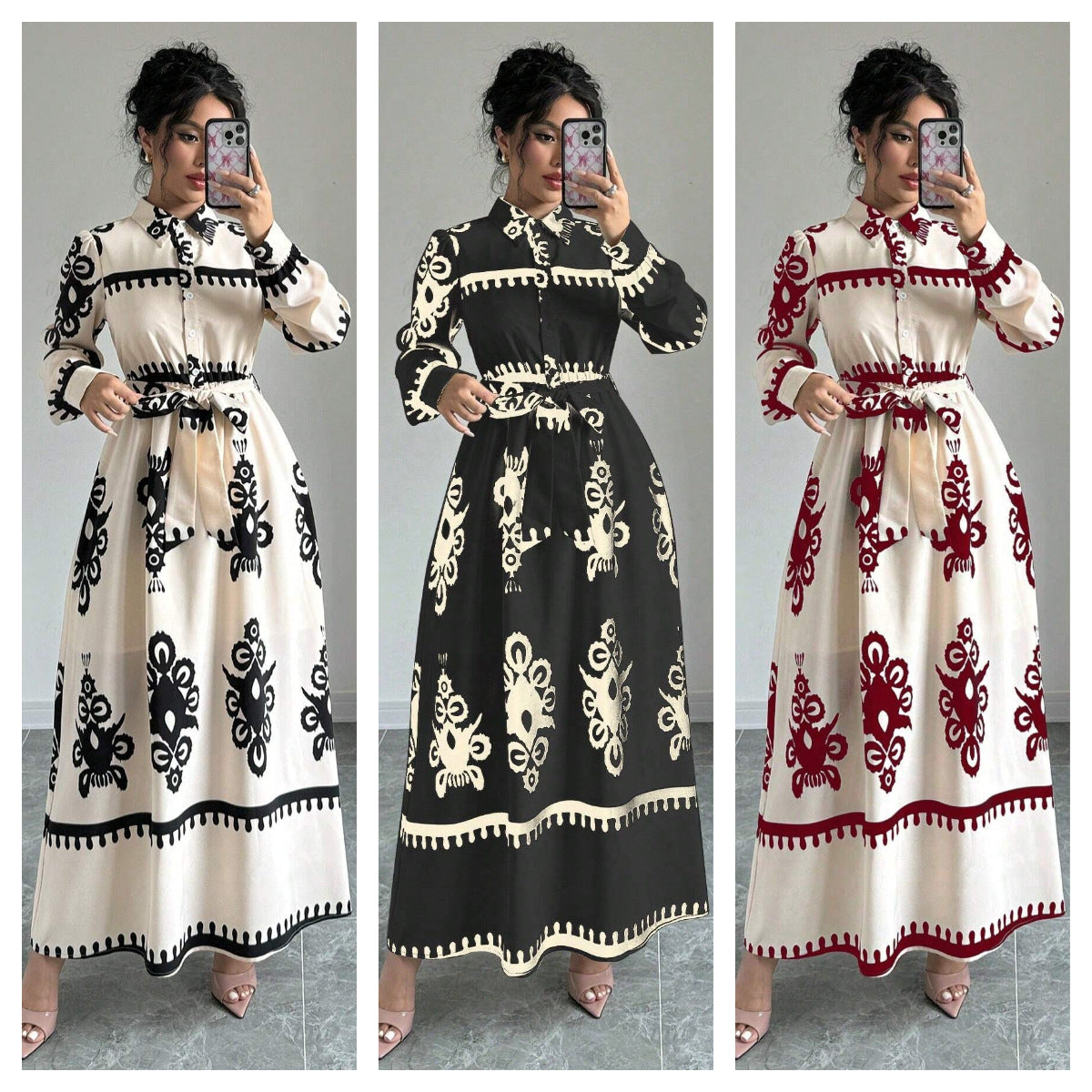 Printed Lace Up Shirt Long Sleeve Dress