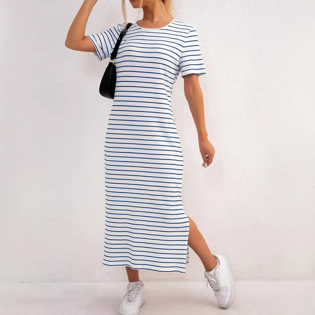 Women's Black White Striped Round Neck Sleeve Floral Print Slit Dress