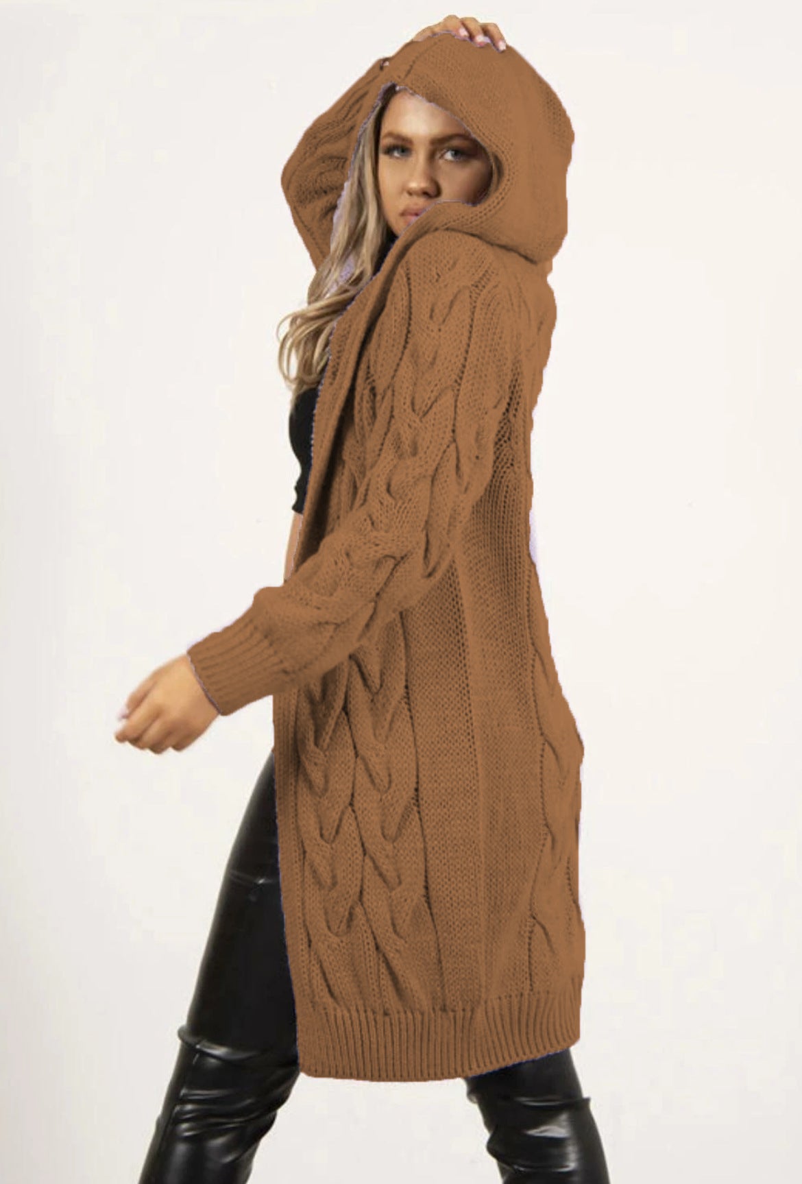 Women's Twist Braid Idle Style Hooded Mid-length Women's Sweater