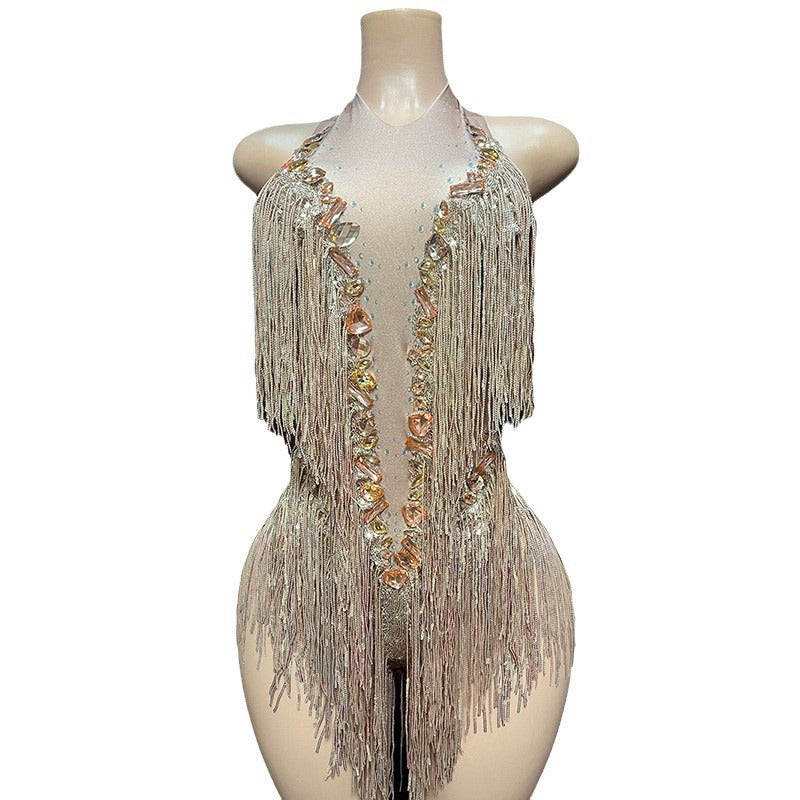 Shining Diamond Tassel Round Neck Elegant Jumpsuits