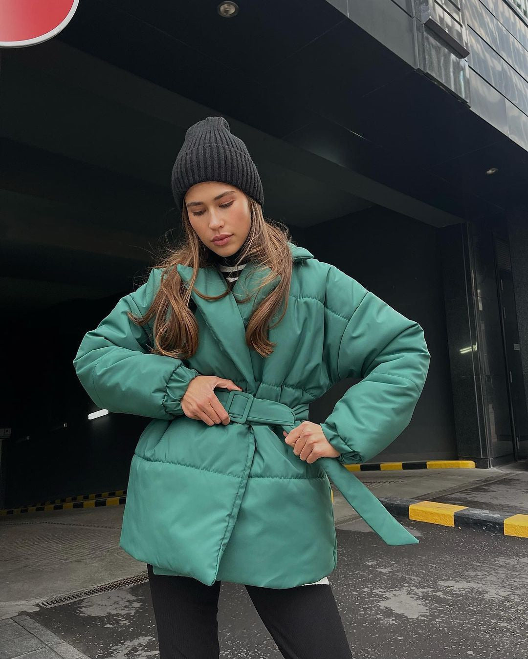Women's Winter Padded Lapel Cinched Slimming Pure Coats