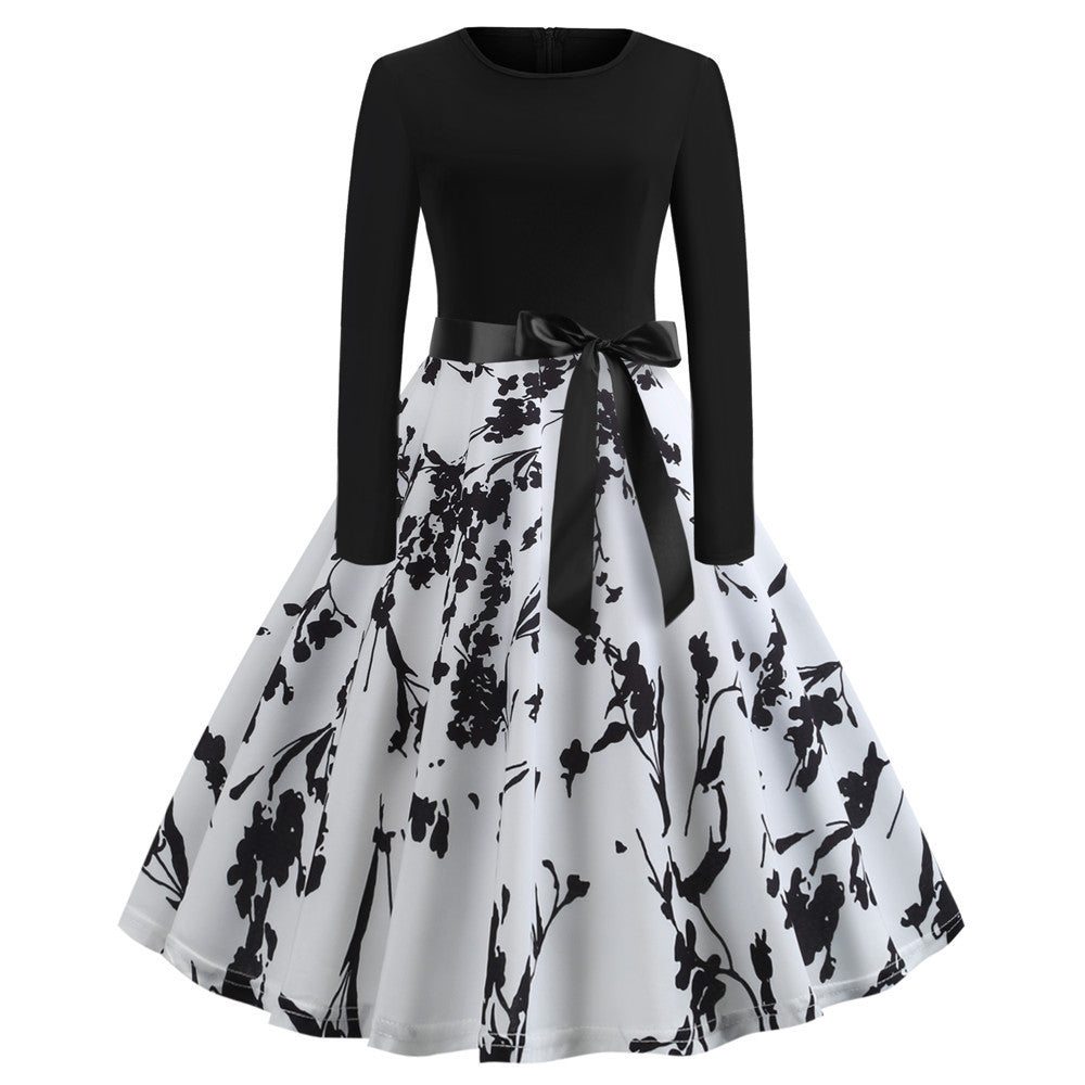 Women's Vintage Printed Long Sleeve Round Neck Sexy Mid-length Dress