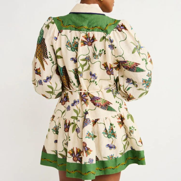 Single-breasted Long Lantern Sleeve Iti Printing Dresses