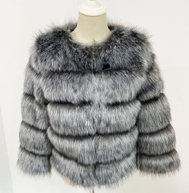 Women's Faux Fox Fur Slim Fit Stitching Coats