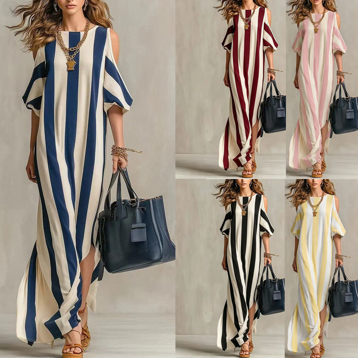 Shoulder Digging Loose Slimming Slit Holiday Long Style With Medium Dress