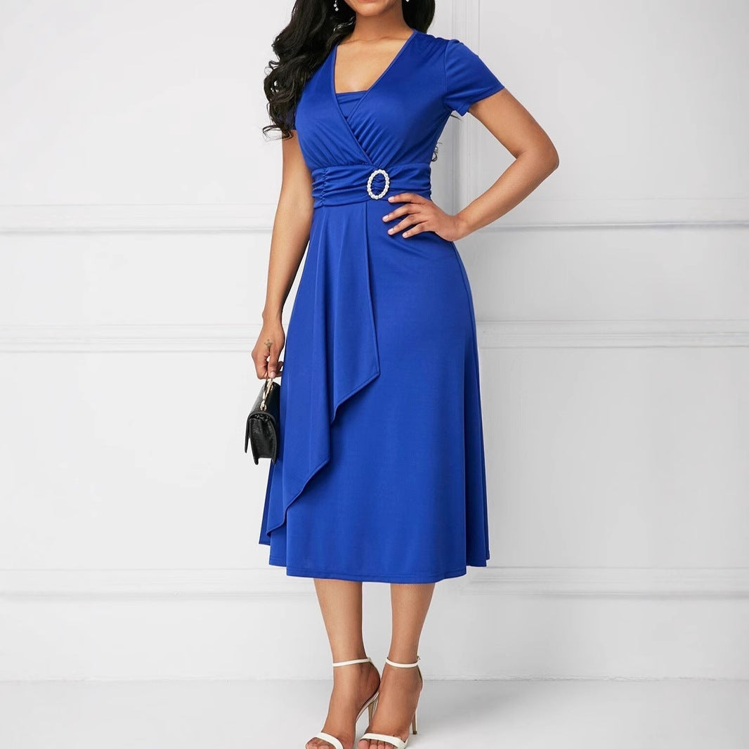 Women's Ladies Elegant Sexy Asymmetric Large Swing High Waist Mid-length Solid Dress