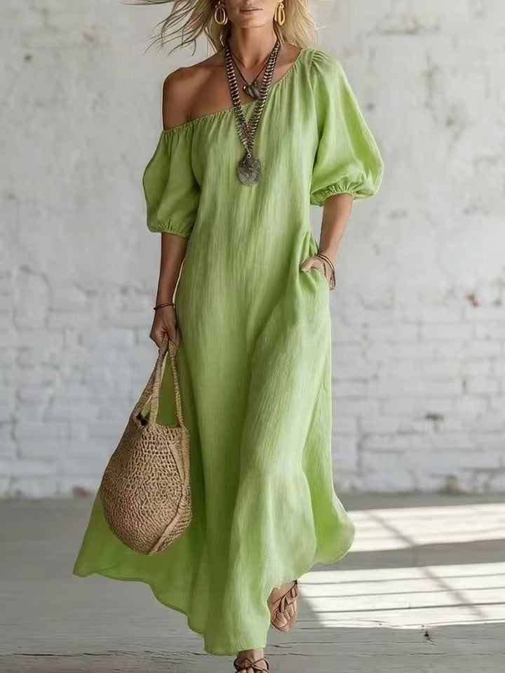 Women's Color Loose Shoulder High-grade Retro Long Cotton Dress