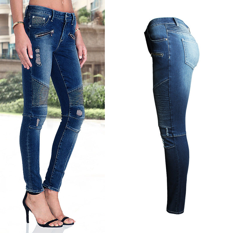 Women's Motorcycle Ripped Slim Elastic Slimming Denim Jeans