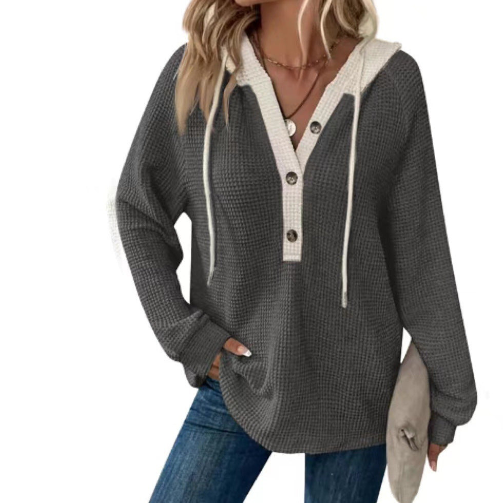 Women's Waffle Hooded Button Loose Long Sleeve Matching Women's Sweater, Sweater