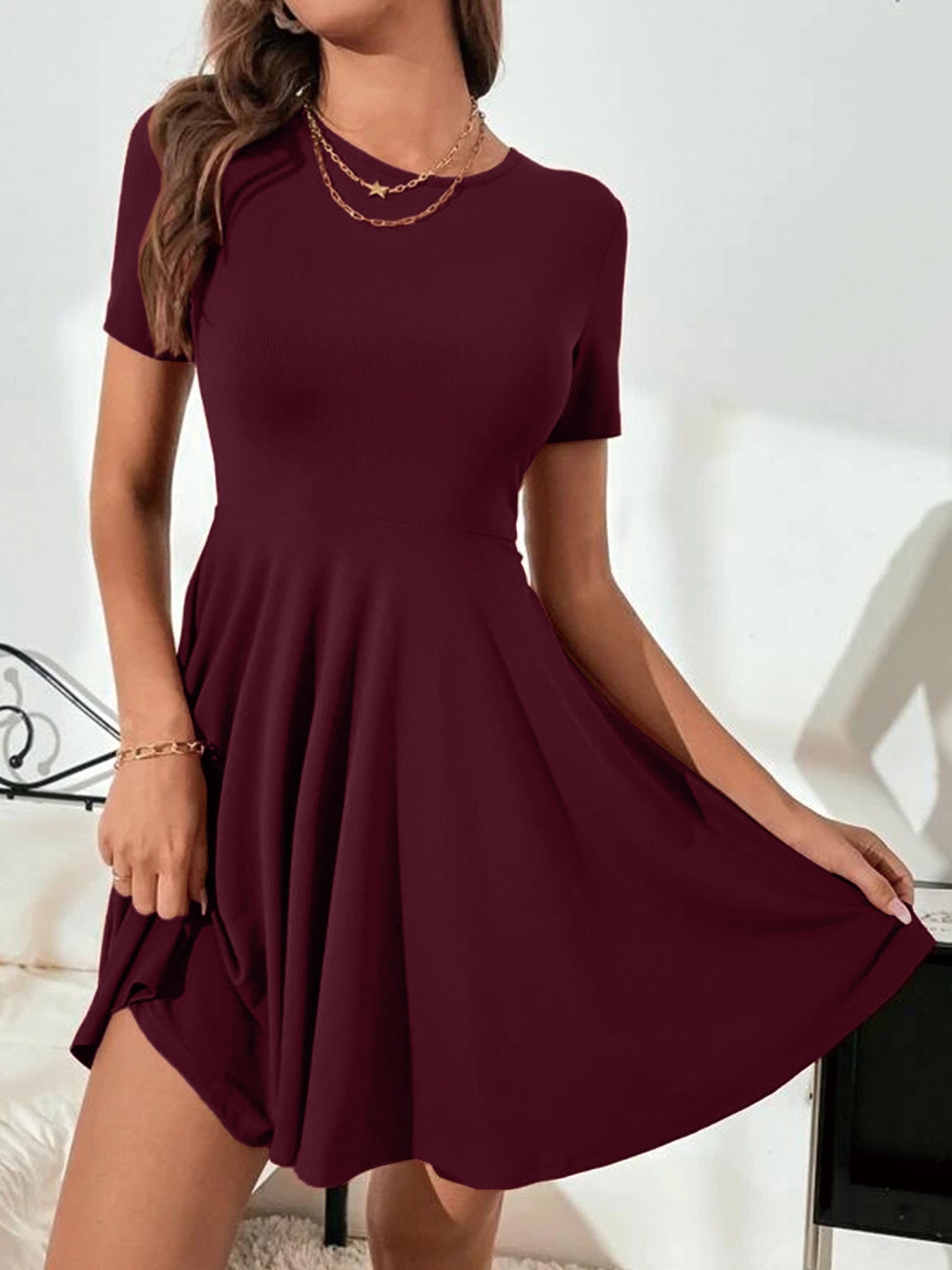 Women's Color Rib Fabric Stitching Casual Fashion Round Neck Dress