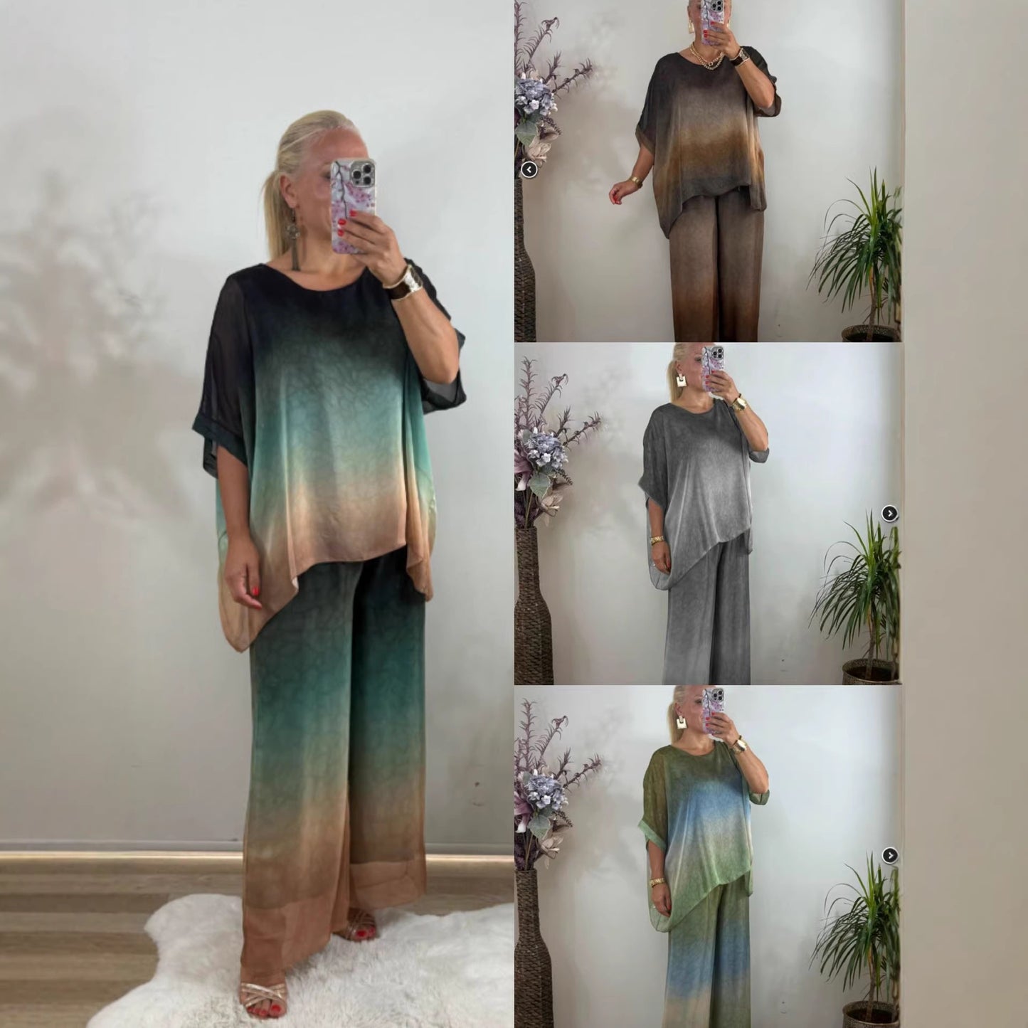 Print Round Neck Loose Wide Leg Suits