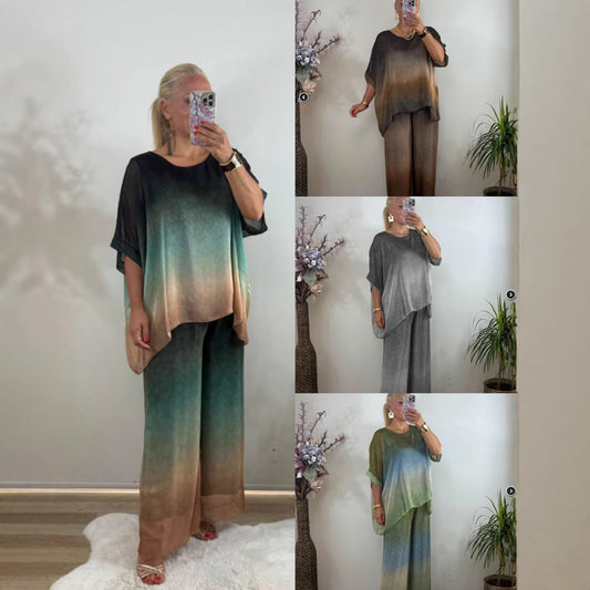 Print Round Neck Loose Wide Leg Suits
