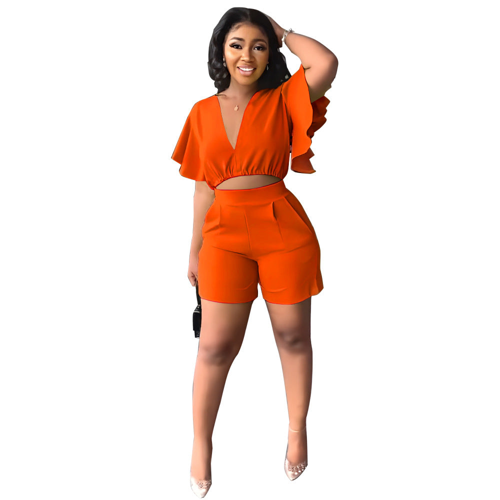 Cool Ruffled Casual Summer Two-piece Set Suits