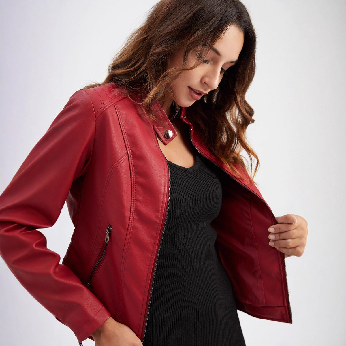 Women's Leather Slim Thin Motorcycle Stand Collar Jackets