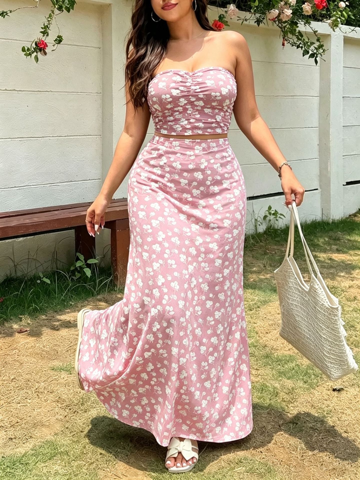 Summer French Style Small Floral Print Tube Vacation Two-piece Dress