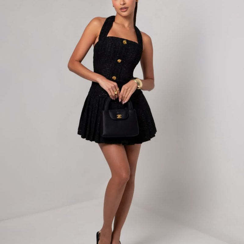 Women's Adjustable Golden Retaining Ring Halter Woven Dresses