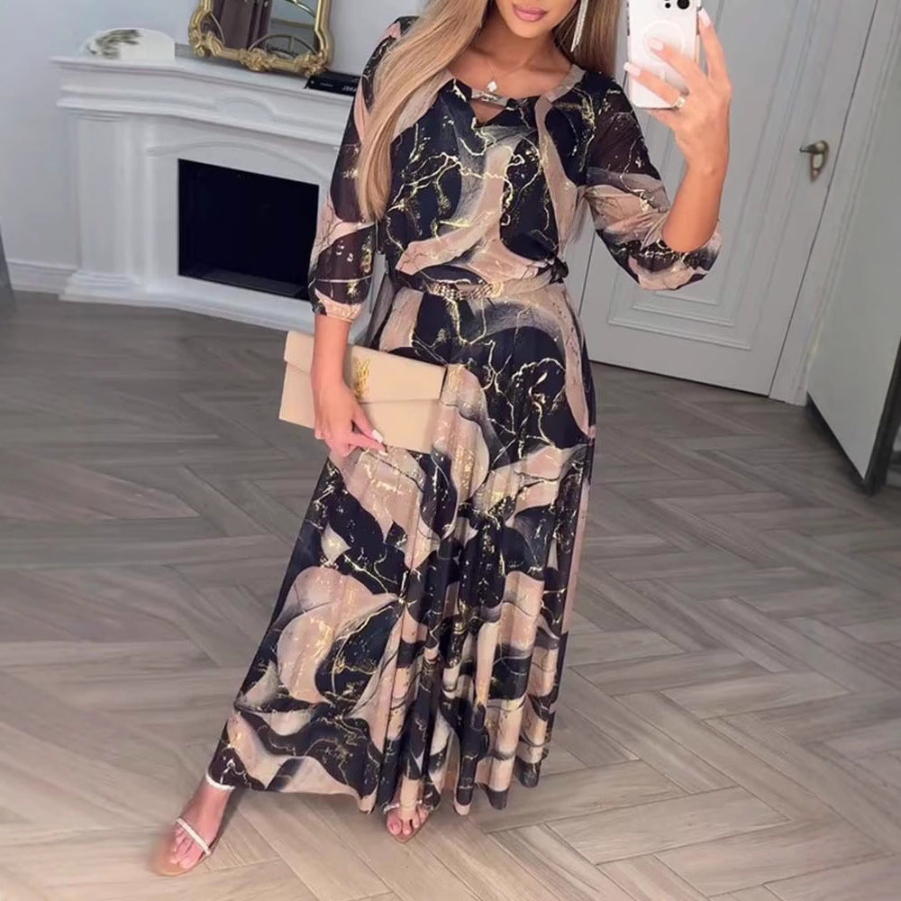 Women's Summer Fashion Printed Sleeves Waist Dress
