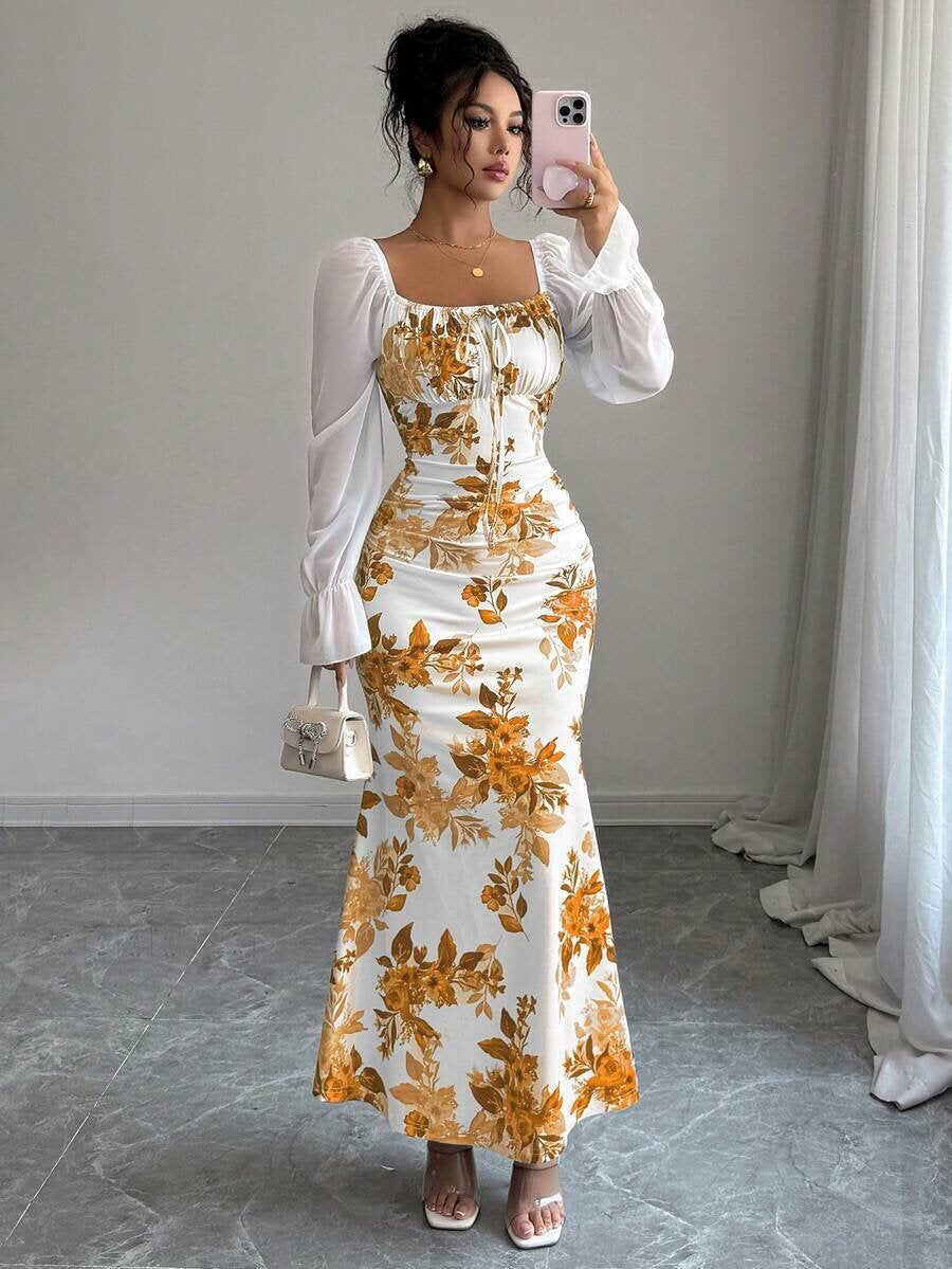 Women's Elegant Pleated Waist Floral Horn Sleeveless Dress